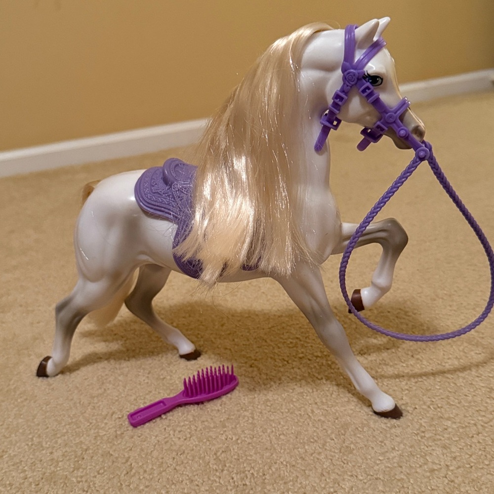 Barbie White Toy Horse with Purple Accessories. 10 inches tall